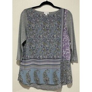 J Jill Floral Paisley Top Size Medium Petite Gray Purple Blue Boho Mixed Media